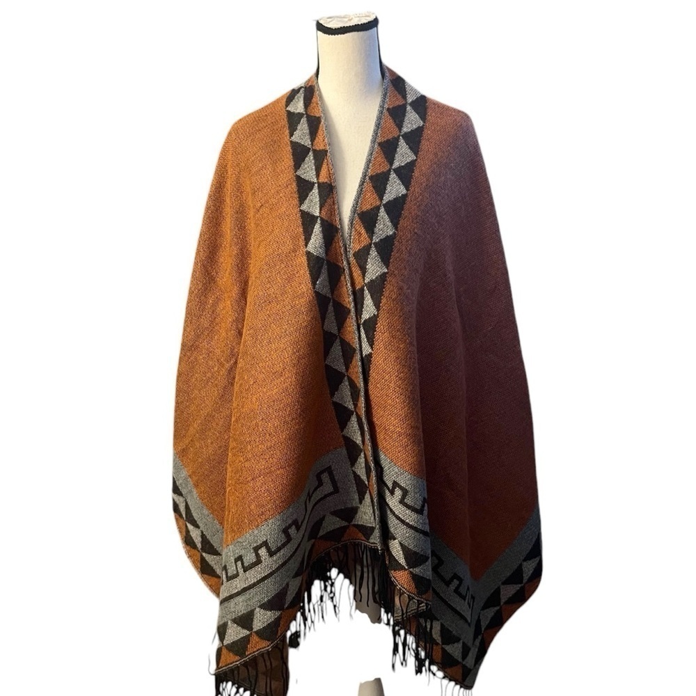Moss Rose Southwest Aztec Blanket Wrap Shawl Poncho Burnt Orange Gray OS NWT - Picture 2 of 8